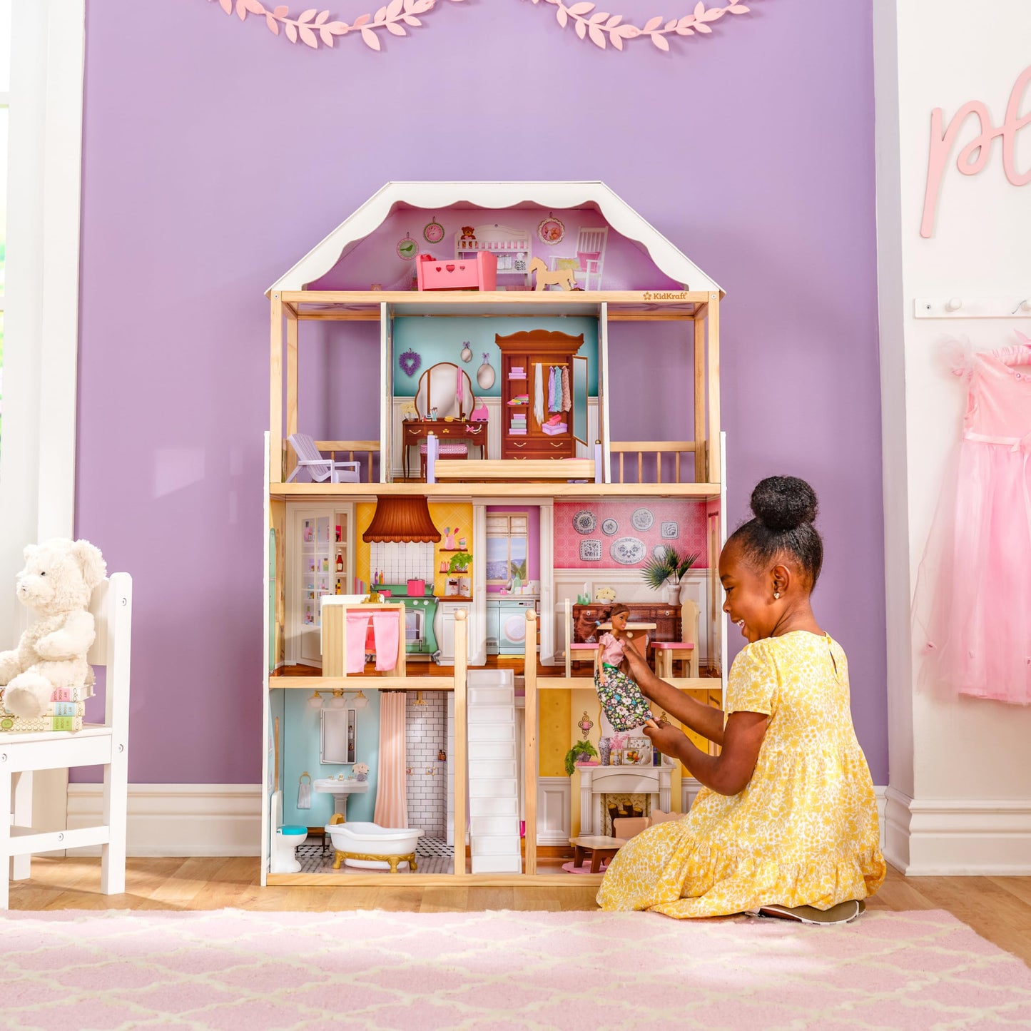 KidKraft Charlotte Classic Wooden Dollhouse with 14-Piece Accessory Set, for 12-Inch Dolls
