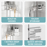 Zenna Home Tension Pole Shower Caddy Corner Organizer, Adjustable Standing Shower Caddy with 4 L-shaped Baskets and Hooks, Rust Resistant Bathroom Tension Rod Organizer, 60 to 97 Inch, Satin Nickel Zenna Home