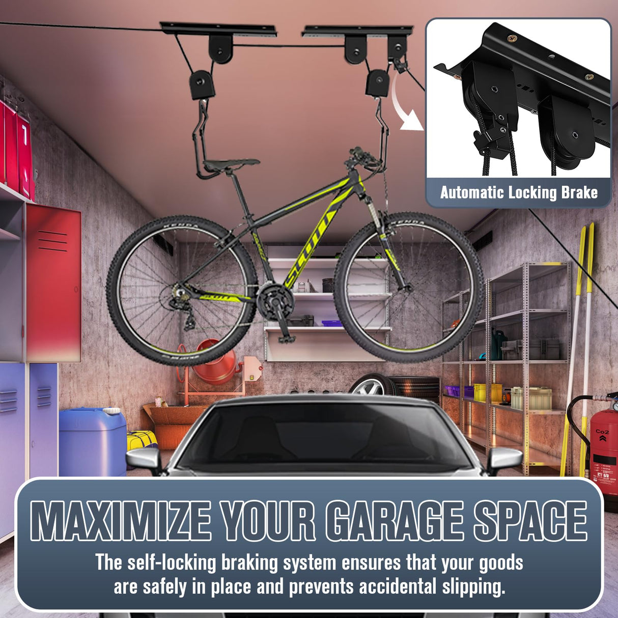 LIYYOO Garage Pulley Lift System, Ceiling Storage Hoist, For Cargo Box/Kayak/Bike/Ladders,Heavy Duty Holds 100 lbs, Fits 8-10 ft Tall Garage Ceilings LIYYOO