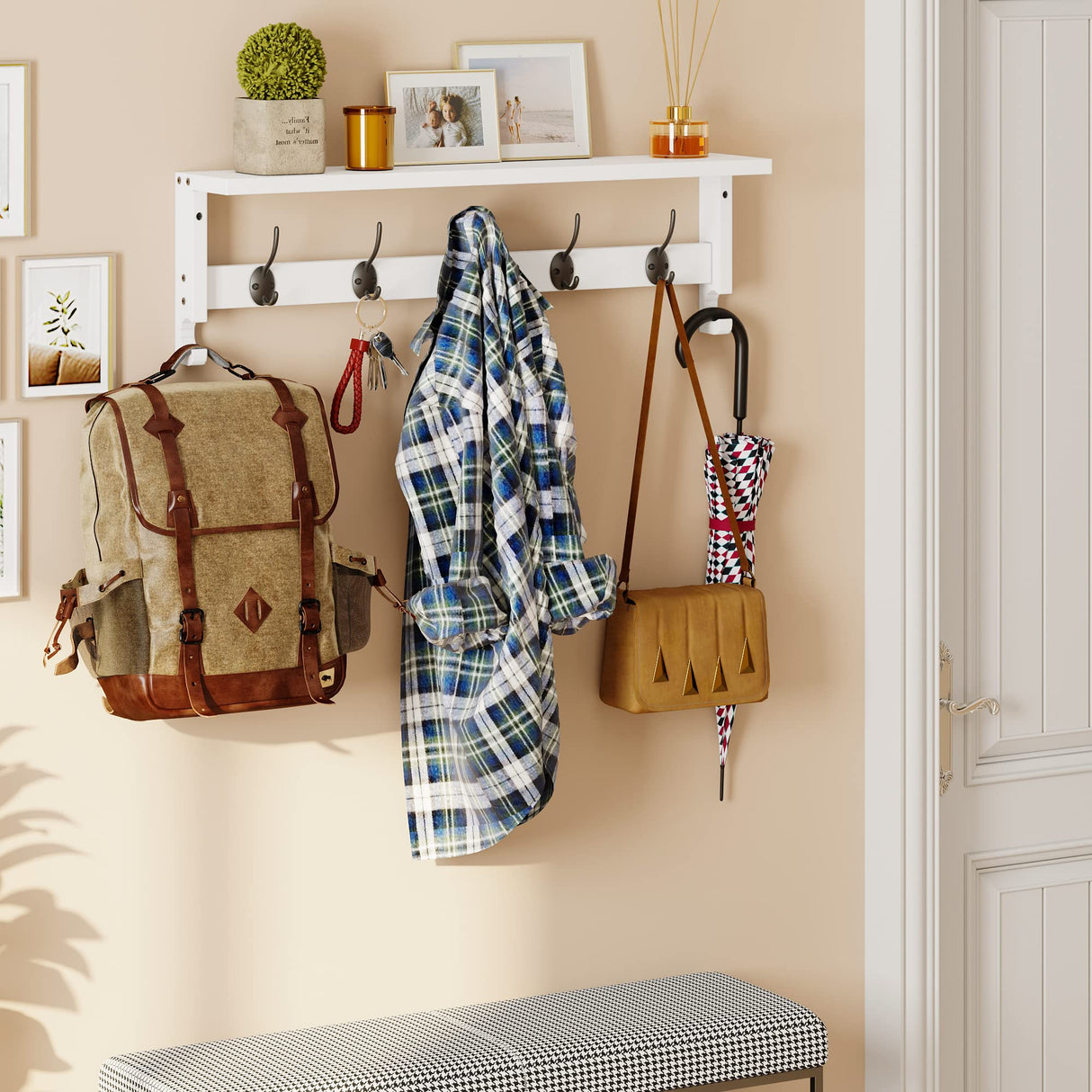 AMBIRD Coat Rack Wall Mount with Shelf, 28.9 Inches Coat Hooks Wall Mounted with 5 Hooks, Hat Wall Hooks for Hanging in Entryway, Living Room, Bathroom, Bedroom (White, 28.9 * 4.5 inches) AMBIRD