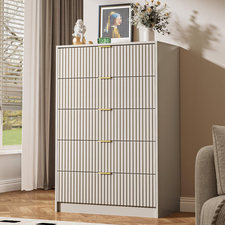 MAISONARIA 5 Drawer Dresser for Bedroom, Tall Dresser Chest of Drawers with Gold Handles, 32 Inch Wide Nightstand with for Bedroom, Living Rooms, Offices, and Entryways, Beige MAISONARIA