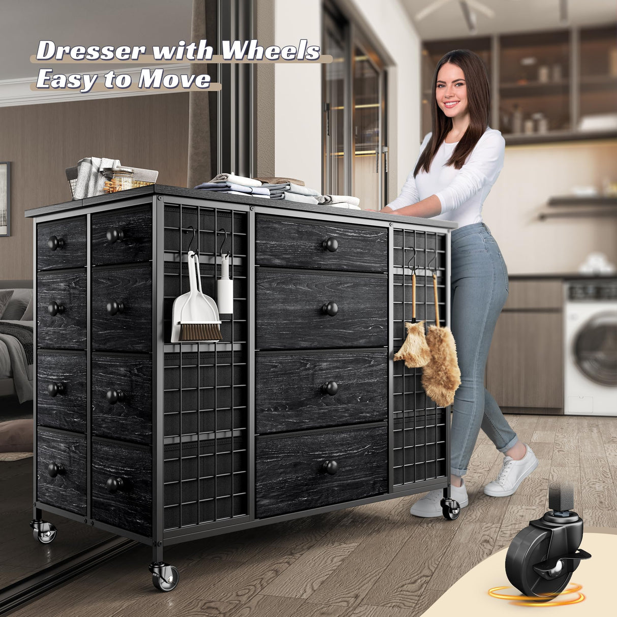 EnHomee 24 Drawers Black Dresser for Bedroom, Dressers & Chests of Drawers with 4 Wheels and 40“ * 23” Wide Wooden Top, Metal Frame, Organizer Island with Hooks for Bedroom, Cloakroom, Dressing Room EnHomee