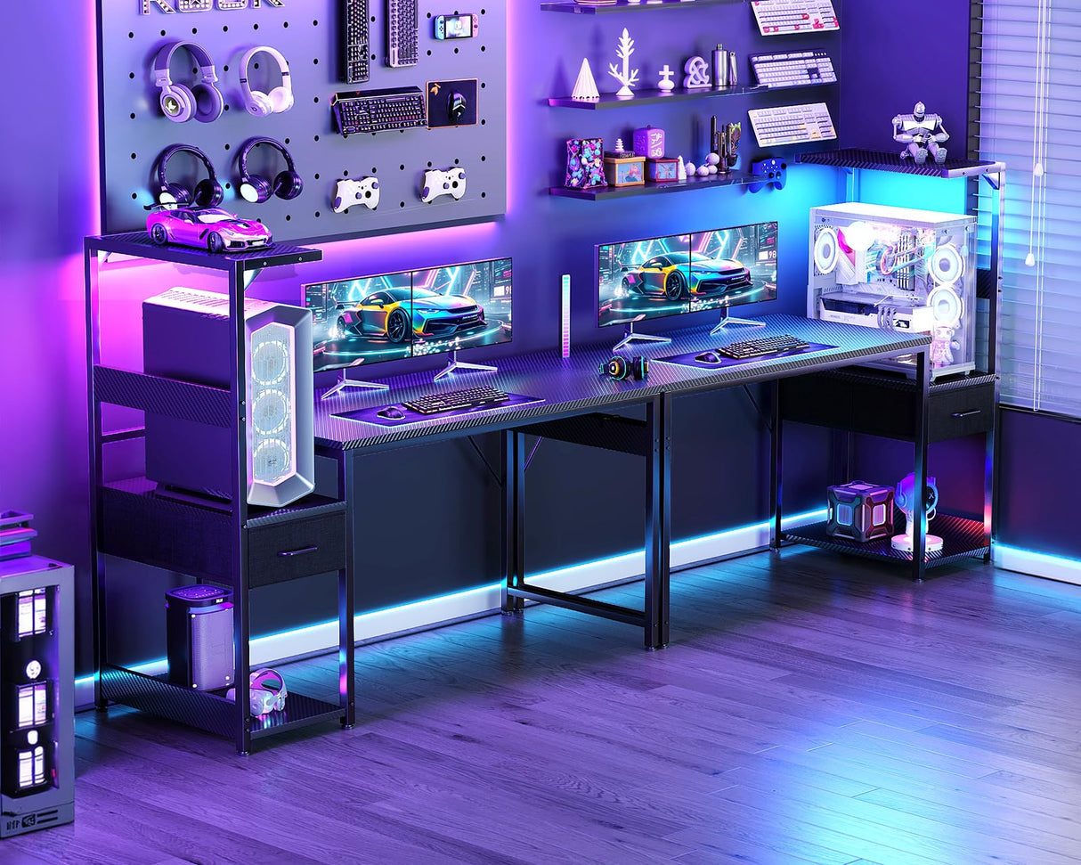 Casaottima 48 Inch Gaming Desk with Storage & LED Lights, Reversible Computer Desk with Display Shelves & Fabric Drawer, Modern Gamer Desk Table with Side Headphone Hook, Carbon Fiber Black Casaottima