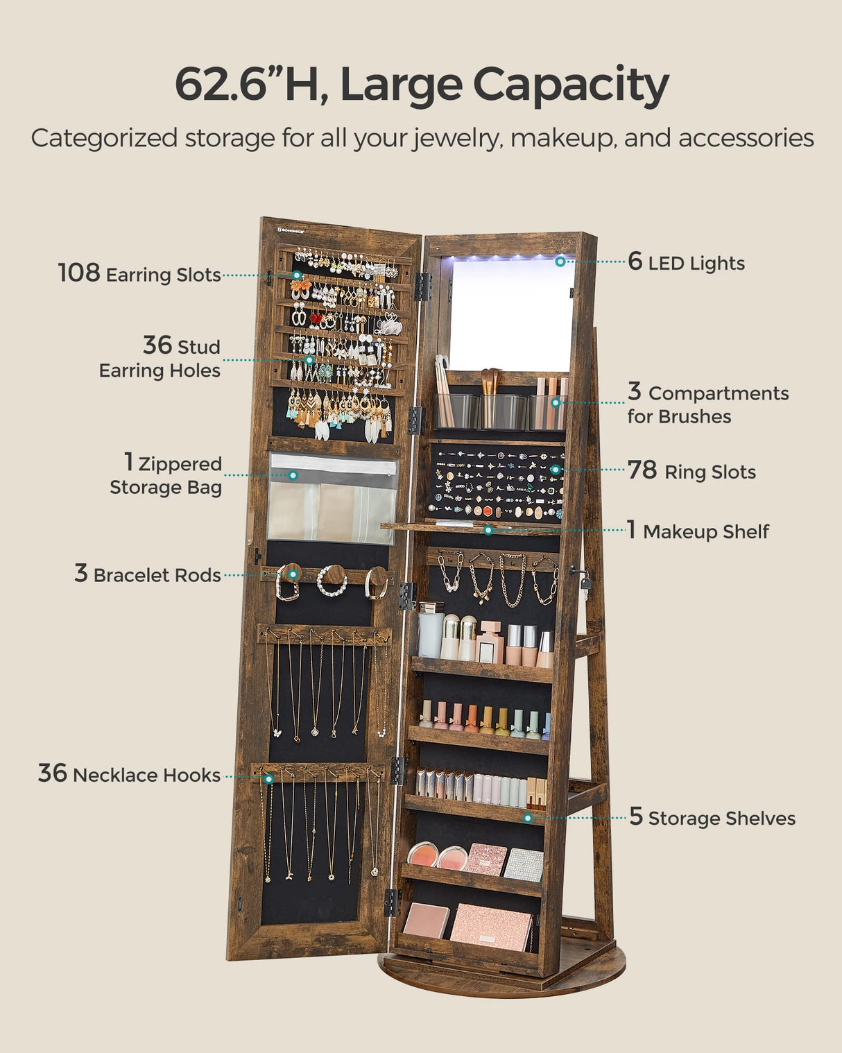 SONGMICS LED Mirror Jewelry Cabinet Standing, Lockable Jewelry Armoire with Full-Length Mirror and Adjustable LED Lights, Space-Saving Jewelry Organizer with Mirror, Gift Idea, Rustic Brown UJJC008X01 SONGMICS