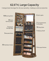 SONGMICS LED Mirror Jewelry Cabinet Standing, Lockable Jewelry Armoire with Full-Length Mirror and Adjustable LED Lights, Space-Saving Jewelry Organizer with Mirror, Gift Idea, Rustic Brown UJJC008X01 SONGMICS