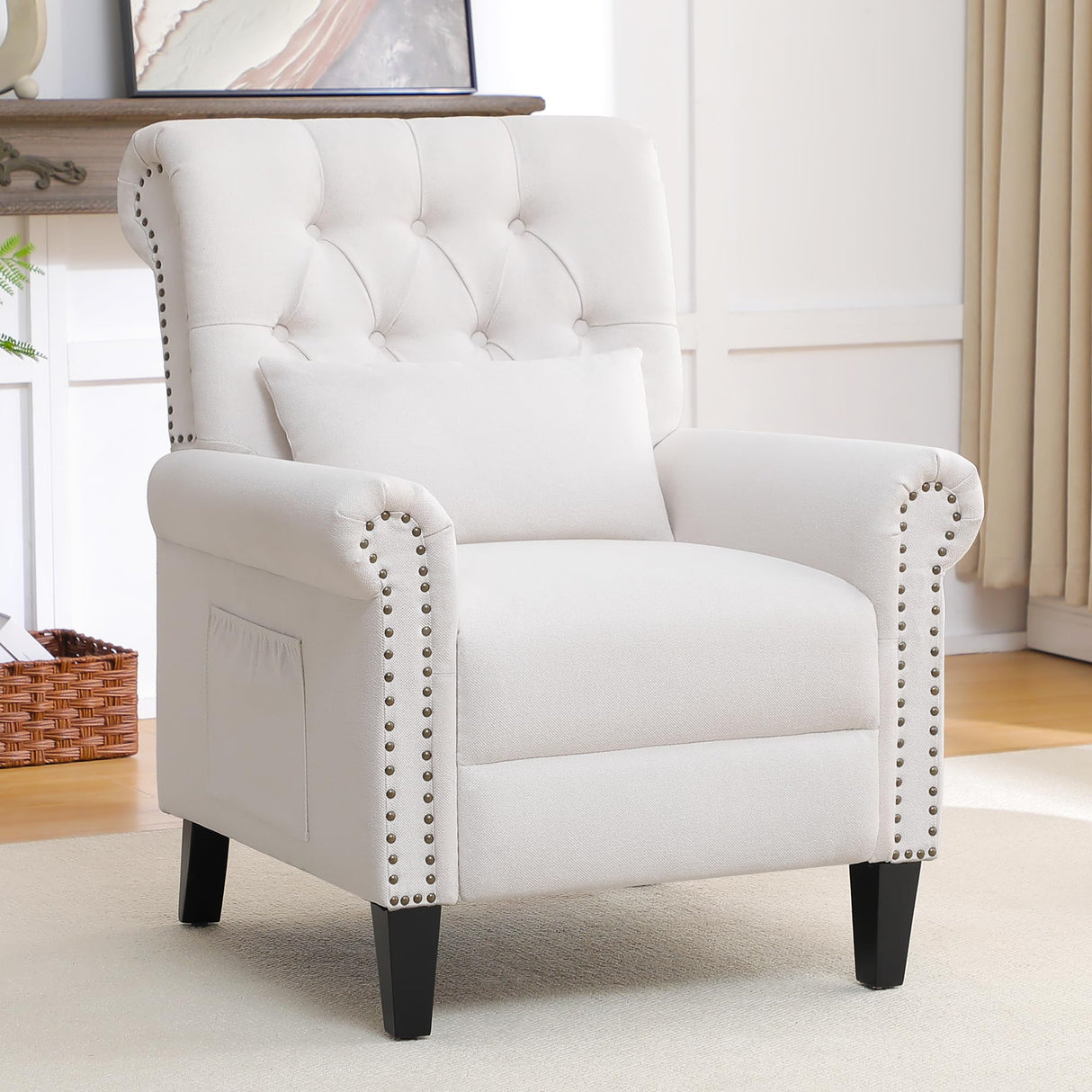 choairy Pushback Recliner Chair, Accent Push Back Chairs Set of 2 with Adjustable Footrest Wingback, Upholstered Linen Reclining Sofa with Side Pocket, Comfy Modern Armchair for Living Room, Beige choairy