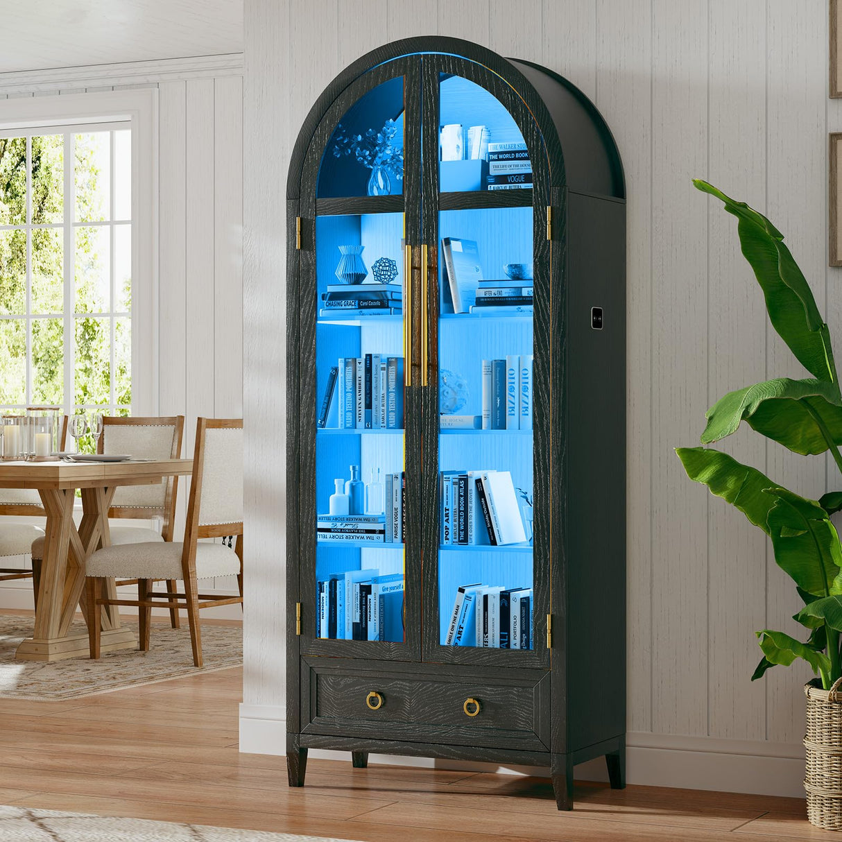 MDGC Arch Display Cabinet with Glass Doors, 4-Tier Curio Cabinet Shelves and a Drawer,73" Inch Tall LED Display Case for Collectibles,Bookcase for Bedroom Living Room Office,Black MDGC