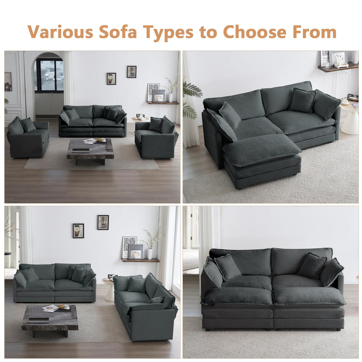 mikibama Modular Sectional Sofa, 111.5 Inch U Shaped Couch Set for Living Room, 3-Seater Comfy Cloud Couches with Movable Ottoman, DIY Combination, Chenille, Grey mikibama