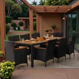 Greesum 9 Pieces Outdoor Patio Dining Set, Conversation Sets with 1 Table and 8 Rattan Chairs with Curved Acacia Wooden Armrests and Cushions, Black Greesum