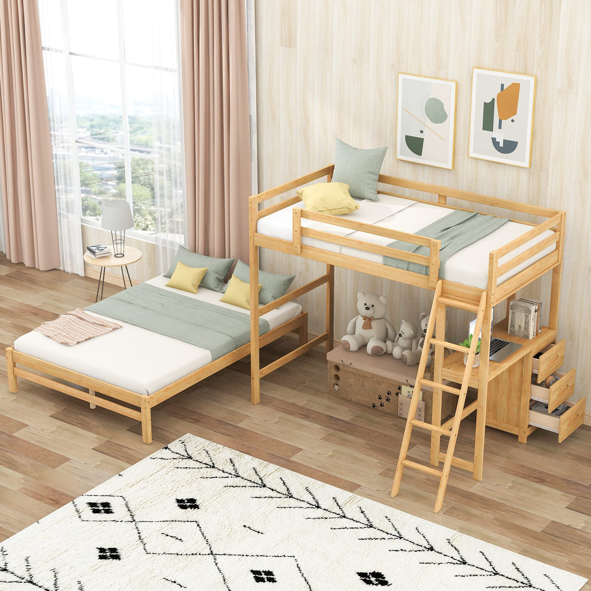 Bellemave Natural Twin Over Full Bunk Bed with Storage and Built-in Desk Bellemave