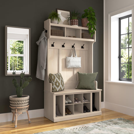 Bush Furniture Woodland 40W Hall Tree and Shoe Storage Bench with Shelves in White Washed Maple | Foyer, Mudroom, Entryway Organizer Bush Business Furniture