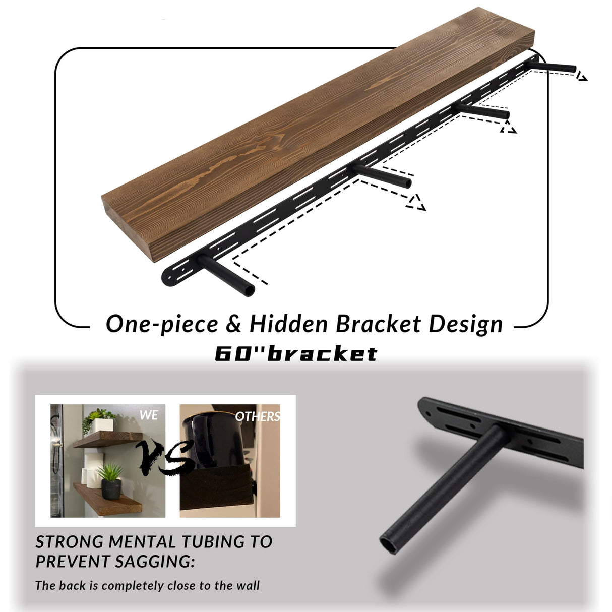 XWNE Rustic Floating Shelves 60 inch Long 8 "deep Set of 2, Heavy Duty Wood Wall Mounted Shelves for Bathroom Living Room Kitchen,Book Shelves with Thickened Hidden Bracket- Walnut XWNE