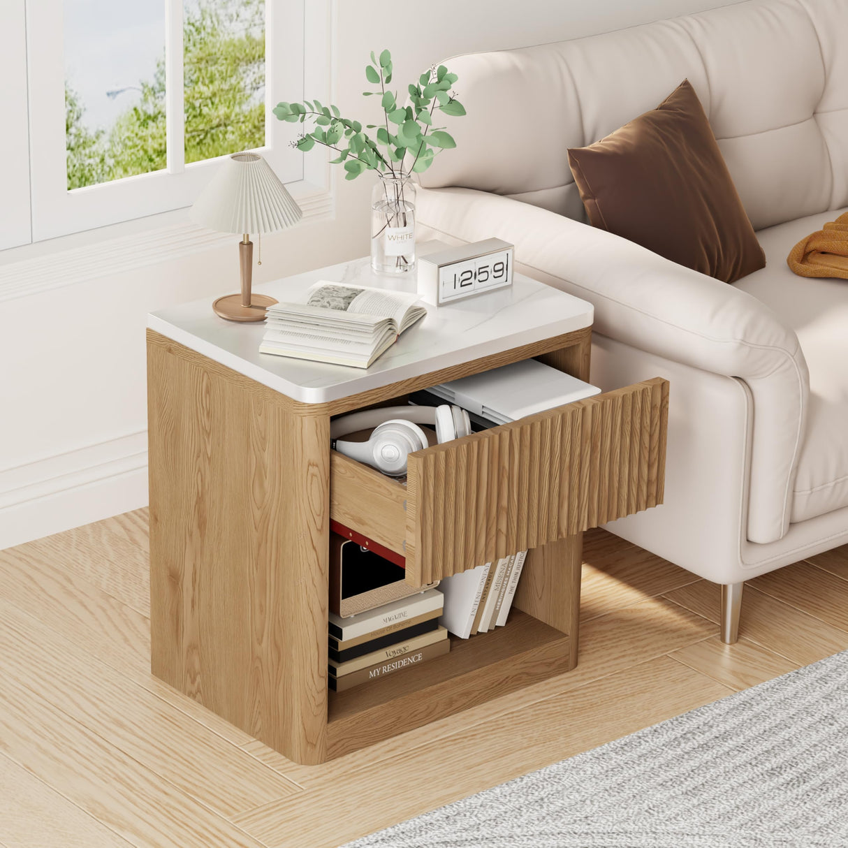 Yusong Night Stand, Wood Fluted Nightstand, 22" Large Bedside Table End Table with Faux Marble Top, Modern Night Stands with Drawer Storage for Bedroom Living Room, Natural Oak (1) Yusong