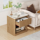 Yusong Night Stand, Wood Fluted Nightstand, 22" Large Bedside Table End Table with Faux Marble Top, Modern Night Stands with Drawer Storage for Bedroom Living Room, Natural Oak (1) Yusong