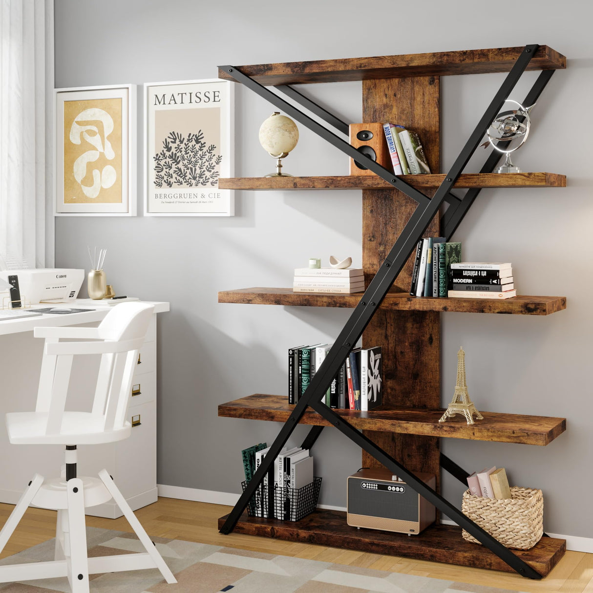 FUSUNBAO 5-Tier Wooden and Metal Frame Bookshelf,Vintage Industrial Modern Style Tall Bookcase,72 "H x 12 "W x 47" L,Rustic Large Wooden Shelf,Display Shelf for Home Office,Retro Brown FUSUNBAO