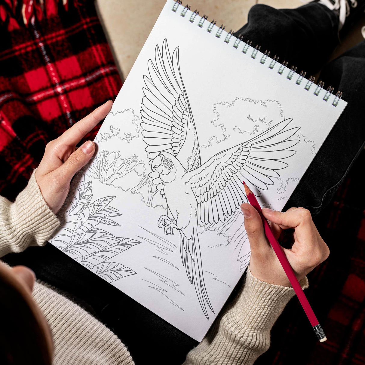 TPLHOUSE Beautiful Birds Coloring Book Spiral Bound for Adults, Premium Cover, 30 Serene Coloring Pages of Tropical Birds for Stress Relief and Relaxation TPLHOUSE