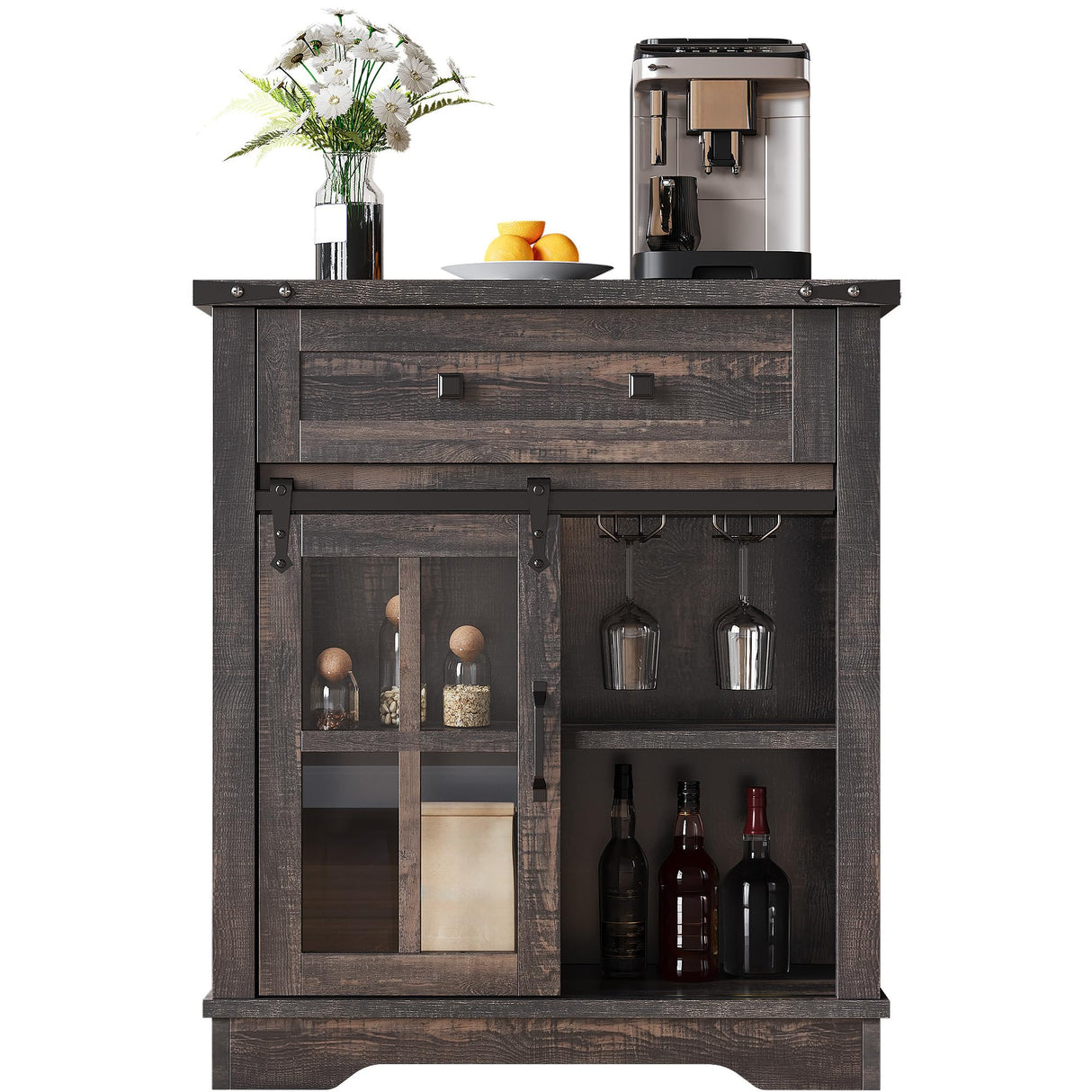 YITAHOME 32" Sideboard Coffee Bar Cabinet, Farmhouse Buffet Cabinet with Drawer & Adjustable Storage Shelves, Storage Cabinet with Sliding Barn Door for Living Room, Dark Rustic Oak YITAHOME