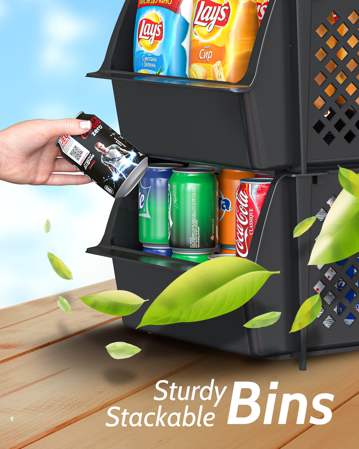 TidyFriend Stackable Storage Bins for Pantry Organizers and Storage 4 Pack, Pantry Storage for Food, Kitchen and Home Organization (Black) Skywin
