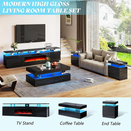 AMERLIFE Fireplace TV Stand with 40" Fireplace, 80" Modern High Gloss Fireplace Entertainment Center LED Lights, 2 Tier TV Console Cabinet for TVs Up to 90", Obsidian Black AMERLIFE