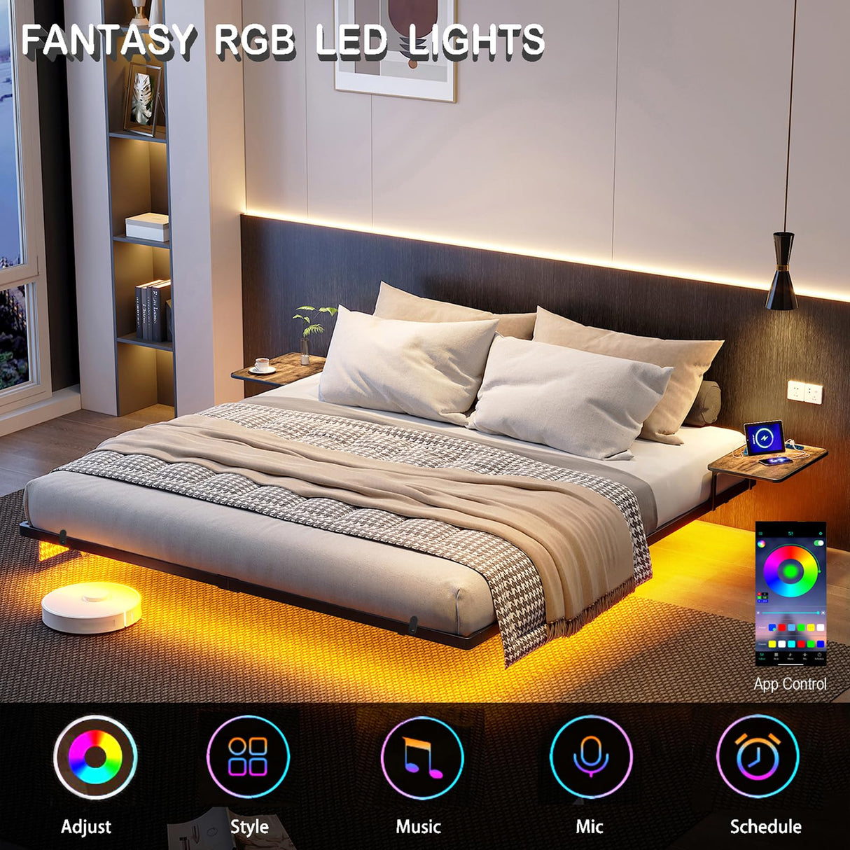 Bigu Floating Bed Frame King with Bedside Tables, Charging Station and LED Lights Metal Platform, Black Bigu