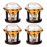 Set of 4 Diamond Whiskey & Wine Glasses With Wood Stands 10oz - Wine, Whiskey, Water, Diamond Shaped, Diamonds Collection Sparkle Patented Wine Savant - Stands Alone, Or on Stand, Cocktail Barware The Wine Savant