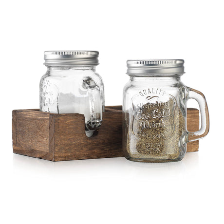 MosJos Mason Jar Salt and Pepper Shakers - Vintage Glass Condiment Dispenser Set with Wooden Holder Caddy - Farmhouse Kitchen Decor, Easy Refill 5-ounce Capacity with Stainless Steel Lids MosJos