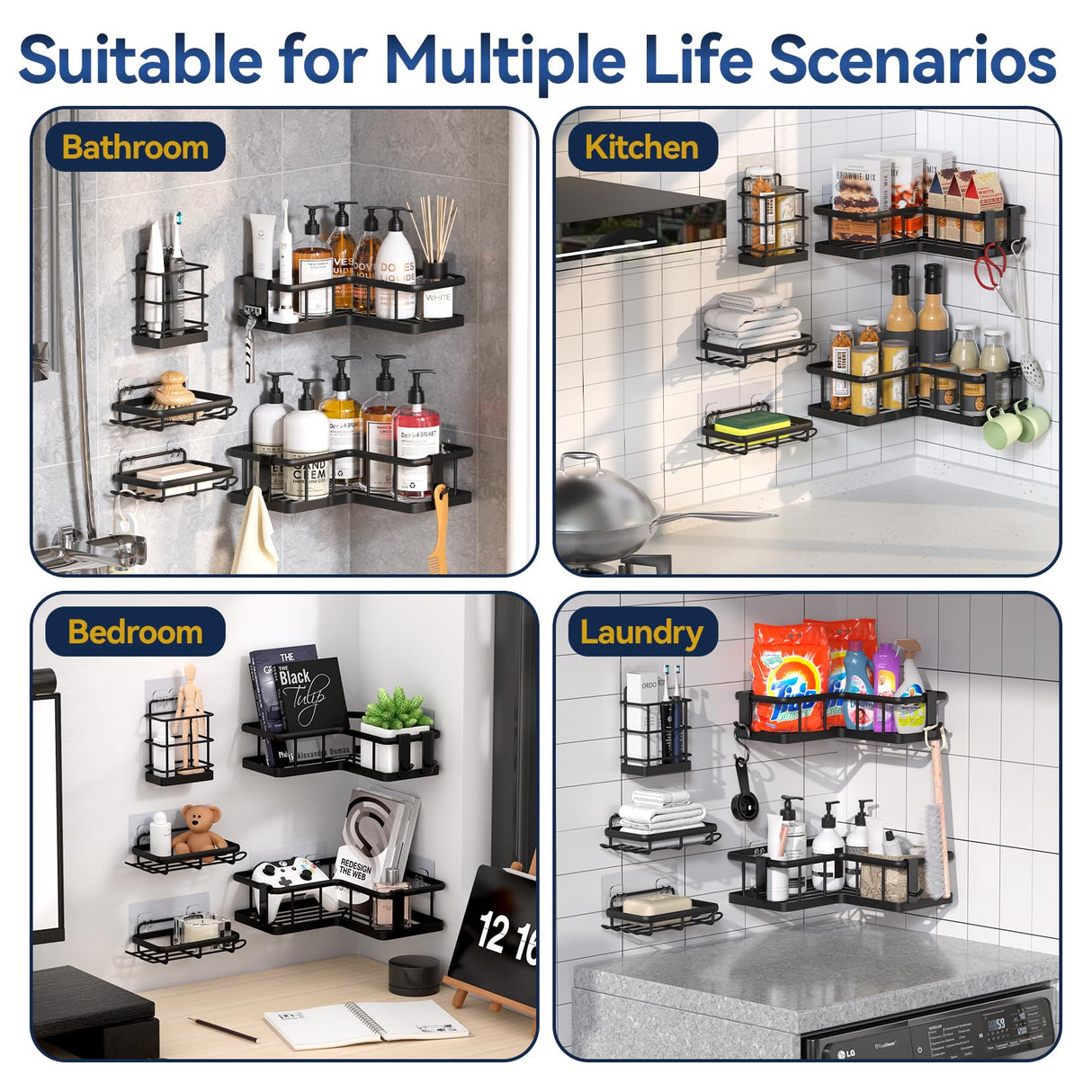 YASONIC Corner Shower Caddy Organizer, 5-Pack Adhesive Rustproof Stainless Steel Shower Shelves with Soap Holder, No Drilling Shower Storage Rack for Family Renters Bathroom, Black YASONIC