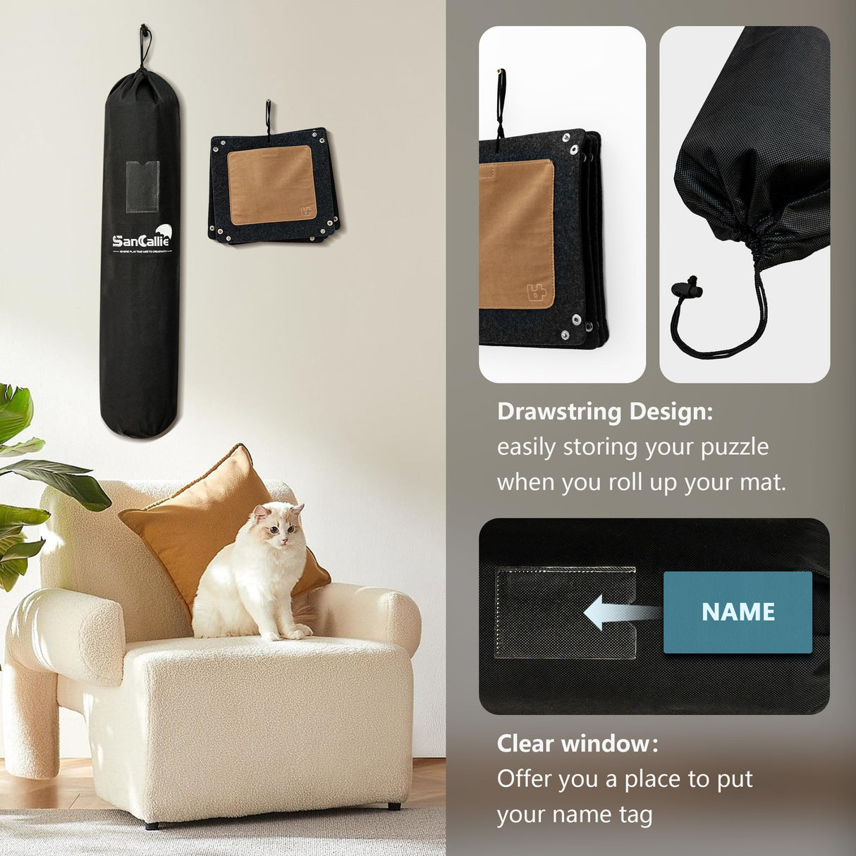 Sancallie Puzzle Mat Roll Jigsaw Storage Felt Mat, Jigroll Up to 1,500 Pieces with 4 Puzzle Trays, Material for Jigsaw Puzzle Player, Box with Drawstring Storage Bag Sancallie