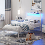 Weehom Twin Bed Frames with Headboard Shelf Storage, Wood Twin Bed Frame with Charging Station and LED Lights, No Box Spring Needed Twin Size Metal Bed Frame for Kids Students, White Weehom
