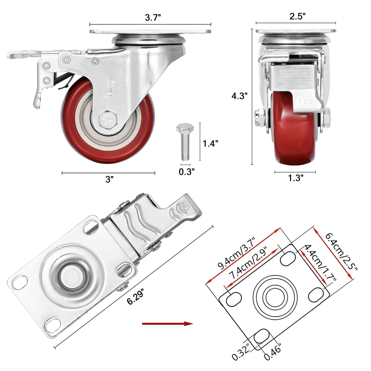 3 inch Heavy Duty Casters Load 1500lbs,Lockable Bearing Caster Wheels with Brakes,Swivel Casters for Furniture and Workbench，Set of 4 (Free Screws) Moogiitools
