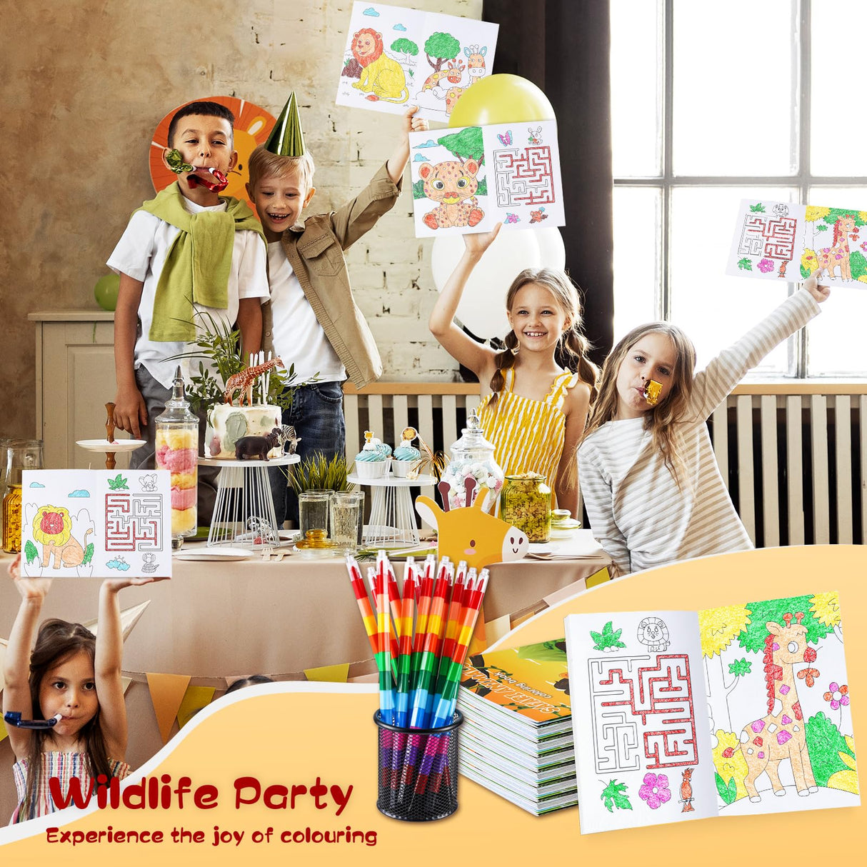 BenLouis 24 Jungle Safari Mini Coloring Books Kids with 24 Stacking Crayons Zoo Animals Party Favors Activity Books Bulk for Kids Wild One Lion Goodie Bag Gift Stuffer Classroom Reward BenLouis