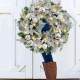 WANNA-CUL Pre-Lit 24 Inch Lighted Christmas Wreath for Front Door Decor with Silver White Christmas Ball Ornaments and Poinsettia Flowers,Battery Operated 30 LED Lights WANNA-CUL
