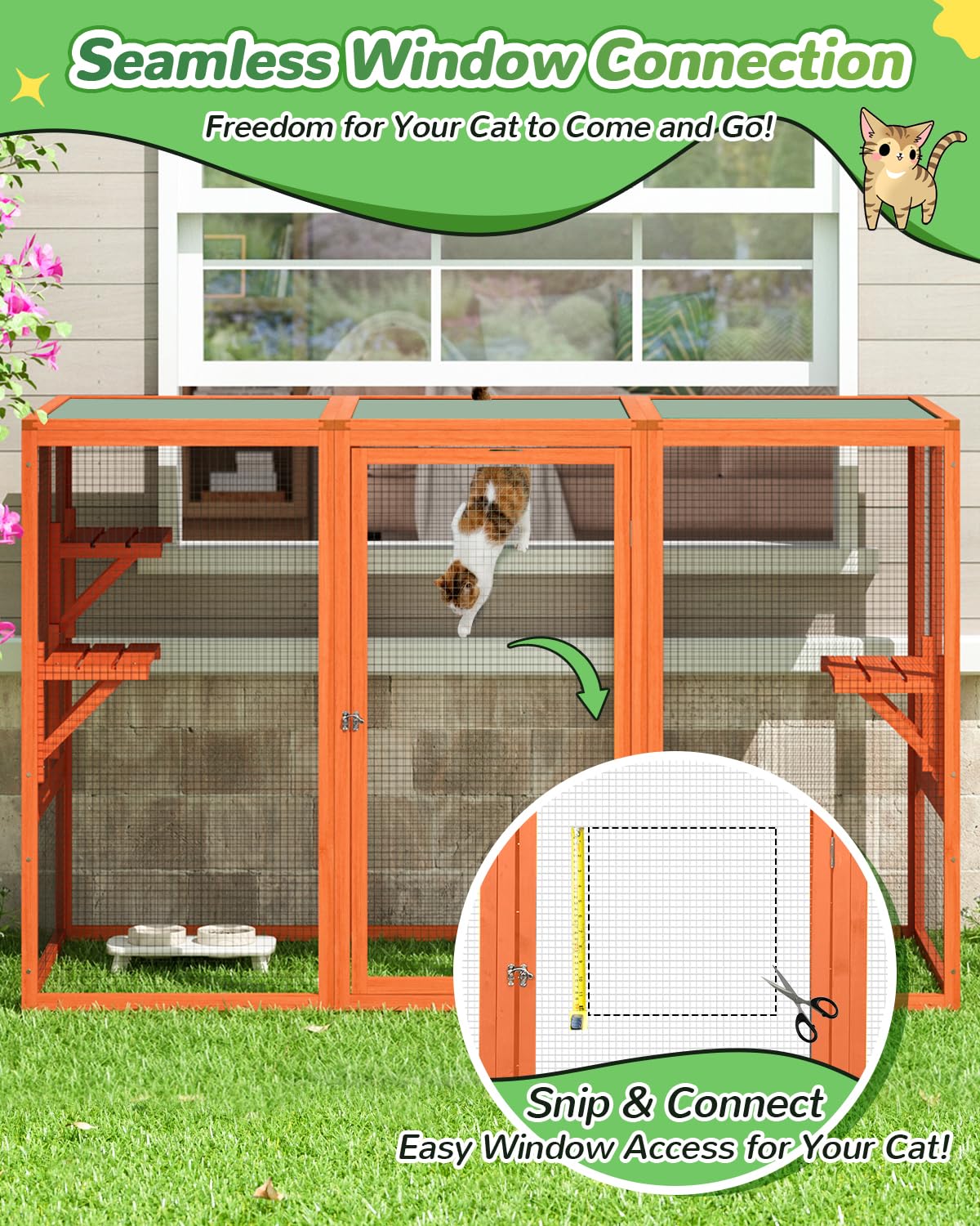 Catio Outdoor Cat Enclosure,71" L Outside Cat House Weatherproof, Wooden Catios for Cats Patio, Cat Houses with 3 Platforms (Orange-Red, Large) Nyeekoy