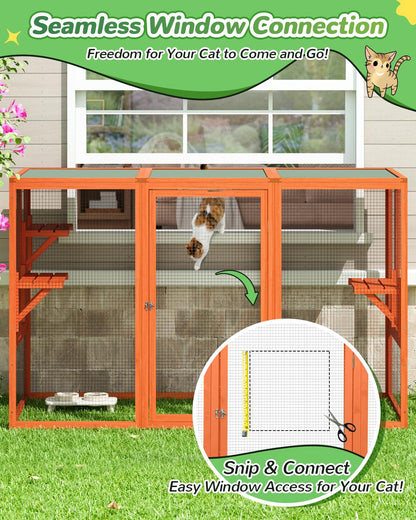 Catio Outdoor Cat Enclosure,71" L Outside Cat House Weatherproof, Wooden Catios for Cats Patio, Cat Houses with 3 Platforms (Orange-Red, Large)