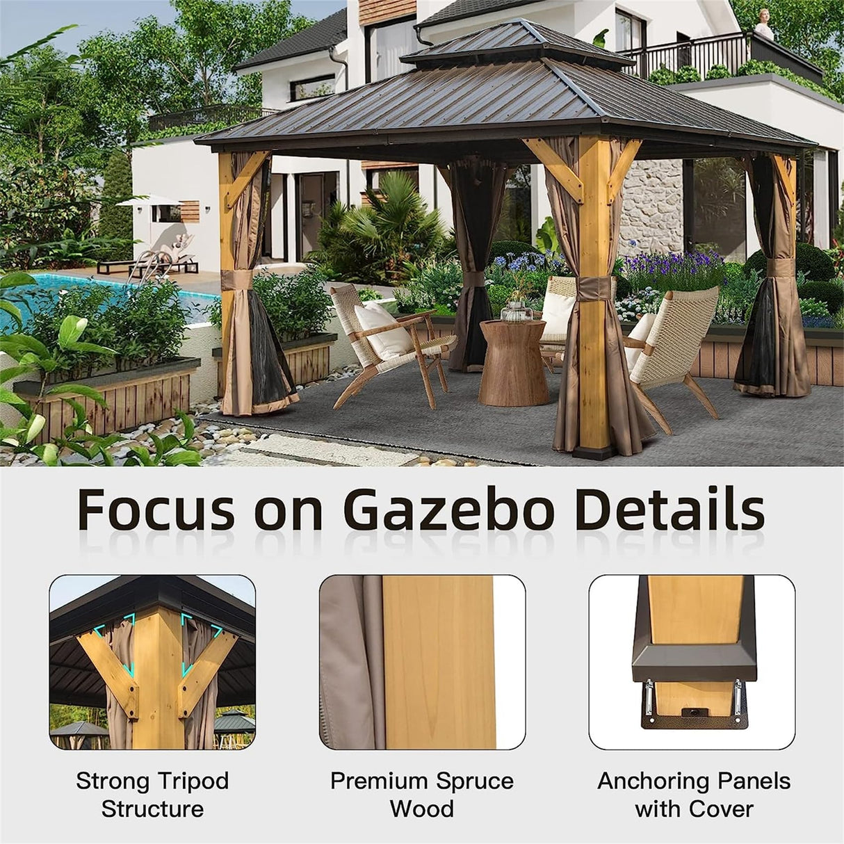 12'x12' Hardtop Gazebo with Cedar Wood Frame, Outdoor Wood Gazebo with Galvanized Steel Double Roof, Permanent Metal Roof Gazebo with Curtains and Netting for Patio, Backyard and Lawn(Brown) ANTSKU
