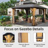 12'x12' Hardtop Gazebo with Cedar Wood Frame, Outdoor Wood Gazebo with Galvanized Steel Double Roof, Permanent Metal Roof Gazebo with Curtains and Netting for Patio, Backyard and Lawn(Brown) ANTSKU