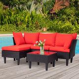 FDW Patio Furniture Sets 5 Pieces Outdoor Wicker Conversation Set Sectional Sofa Rattan Chair for Outdoor Backyard Porch Poolside Balcony Garden Furniture with Coffee Table,Red Cushion FDW