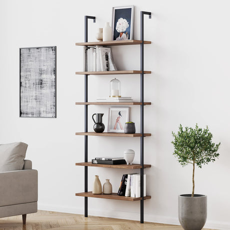 Nathan James Theo 6-Shelf Tall Bookcase, Wall Mount Bookshelf with Reclaimed Wood and Industrial Metal Frame, Oak/Black Nathan James