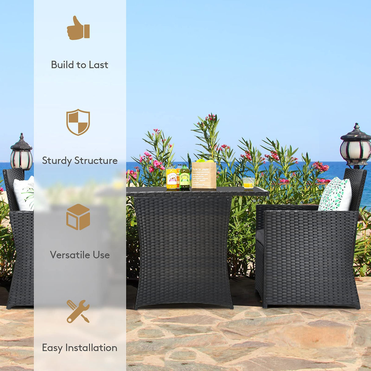 COSTWAY 3PCS Patio Rattan Furniture Set Cushion Sofa Armrest Garden Deck Gray COSTWAY
