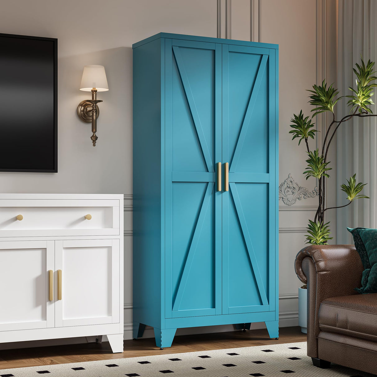 LCAOPC 71" Tall Metal Storage Cabinet with 2 Doors and 4 Adjustable Shelves, 5-Tier Kitchen Pantry Storage Cabinet for Kitchen, Living Room, Dining Room and Office, Blue LCAOPC