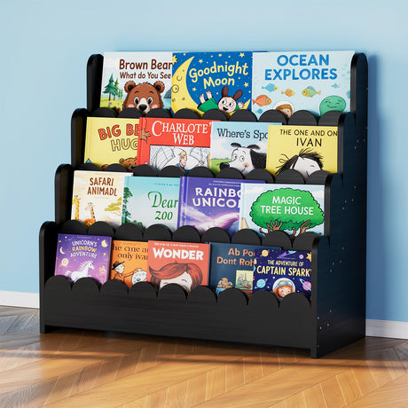 SpaceAid 4-Tier Scalloped Bookshelf, Montessori Bookcase for Toddlers, Wooden Book Shelf Organizer Display Furniture for Kids Rooms, Playroom, Nursery and Classroom, 29.6“ Wide, Black SpaceAid