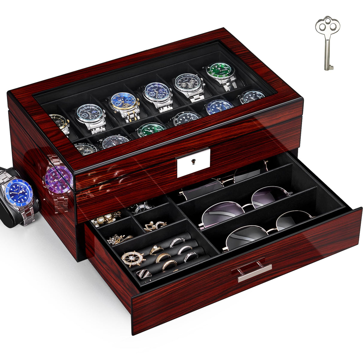 ANWBROAD Watch Box Storage Watch Cases for Men with Large Glass Lid 2-Tier Wood Watch Display Case Lockable Watch Organizer Giftable Luxurious Watch Holder for Women UJWB003Y ANWBROAD