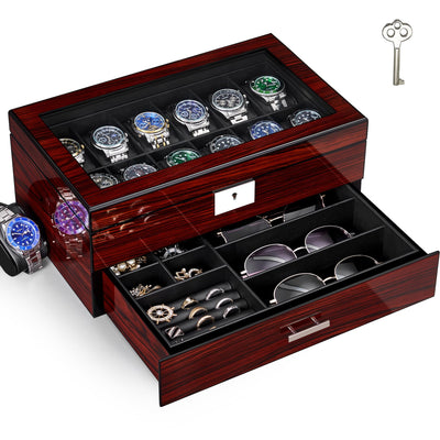 ANWBROAD Watch Box Storage Watch Cases for Men with Large Glass Lid 2-Tier Wood Watch Display Case Lockable Watch Organizer Giftable Luxurious Watch Holder for Women UJWB003Y