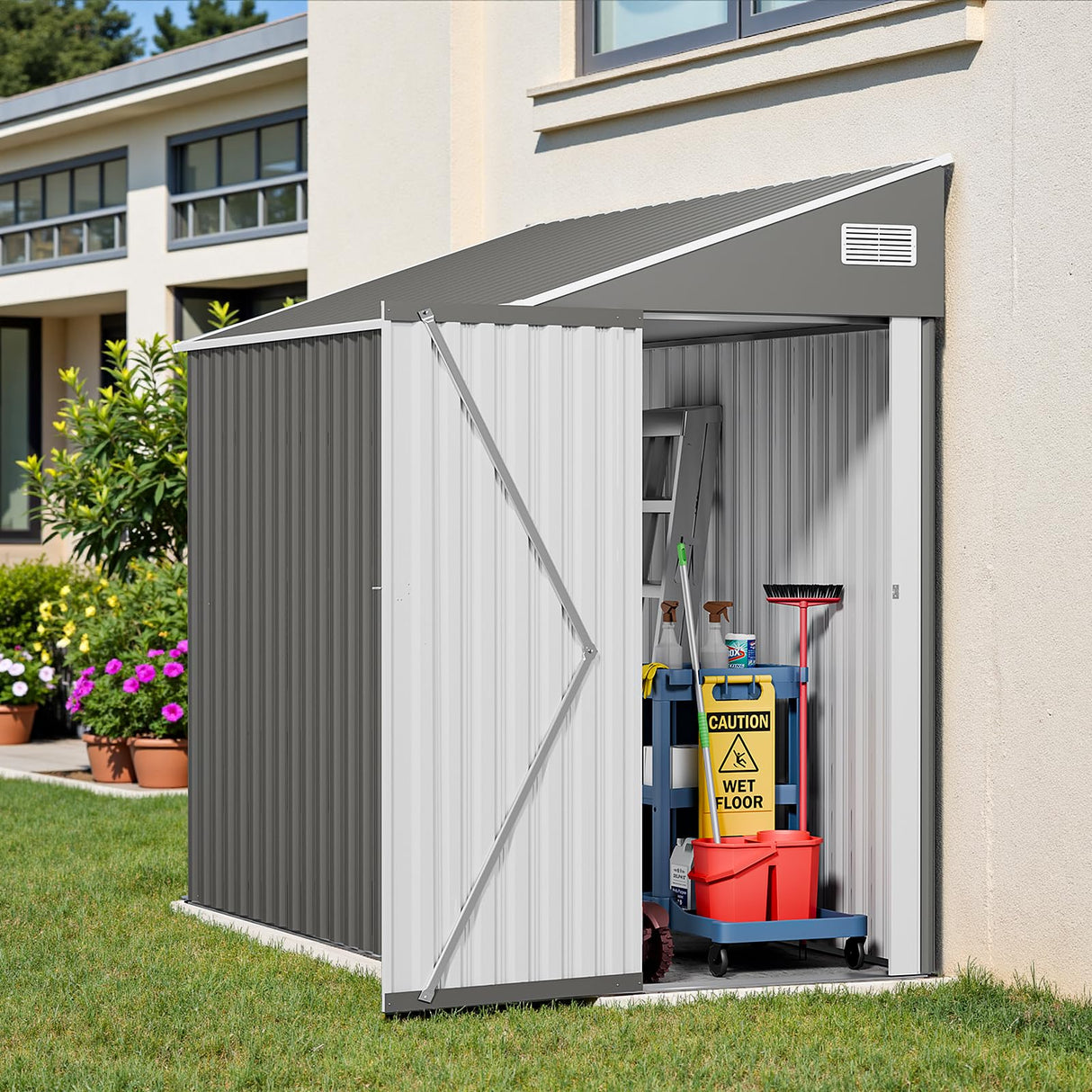 NicBex Heavy-Duty Lockable 4x8 Lean to Metal Shed - Weather Resistant Outdoor Lean to Shed with Vents & Door - Grey, Wall Side Design Sheds for Lawn Mowers, Bikes, Firewood & Animal Shelters NicBex