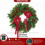Pinkpuii Pre-Lit Christmas Wreaths for Front Door 24 Inch Christmas Wreath with Lights,Large Winter Wreath with Cardinal Birds,Poinsettia,Green Evergreen Pine Needles Red Berries Holiday Wreath Decor Pinkpuii