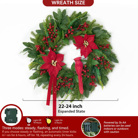 Pinkpuii Pre-Lit Christmas Wreaths for Front Door 24 Inch Christmas Wreath with Lights,Large Winter Wreath with Cardinal Birds,Poinsettia,Green Evergreen Pine Needles Red Berries Holiday Wreath Decor Pinkpuii