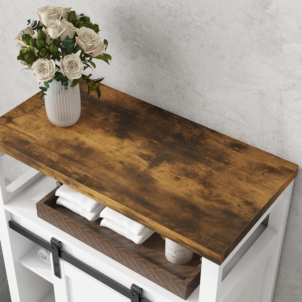 Vabches Bathroom Floor Cabinet, Small Storage Cabinet with Sliding Door, Adjustable Shelf, Farmhouse Storage Cabinet for Bathroom, Kitchen, Living Room, Rustic Style Cabinet, White Vabches