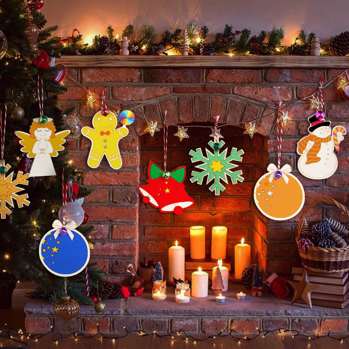 GUDELAK 48PCS Christmas Crafts for Kids, Wooden Christmas Ornaments Unfinished Wood Slices with 6 Styles, DIY Christmas Ornaments Kits for Christmas Tree Holiday Hanging Decorations