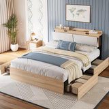 LIKIMIO Queen Bed Frames with Hidden Storage Headboard, Camas Queen with Charging Station and 4 Drawers, Sturdy and Noiseless, No Box Spring Needed, Wood Color LIKIMIO