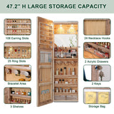 HNEBC LED Mirror Jewelry Cabinet with RGB Lights,47.2" Wall Mounted Jewelry Organizer with Full-Length Mirror,Over The Door Hanging Jewelry Armoire Storage Cabinet,Folding Dresser,2 Drawers,Lockable HNEBC